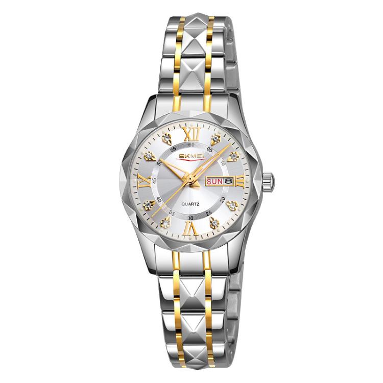 SKMEI Business Casual Watches Diamond Case Luminous Waterproof Quartz Watch, Men Silver Gold Strap Silver Dial, Men Silver Gold Strap Green Dial, Men Silver Gold Strap Black Dial, Men Silver Case Silver Dial, Men Silver Case Gray Dial