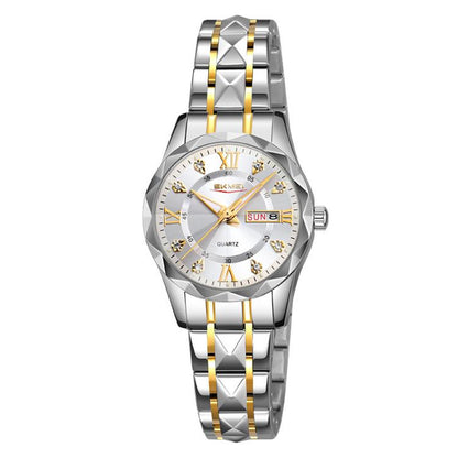 SKMEI Business Casual Watches Diamond Case Luminous Waterproof Quartz Watch, Men Silver Gold Strap Silver Dial, Men Silver Gold Strap Green Dial, Men Silver Gold Strap Black Dial, Men Silver Case Silver Dial, Men Silver Case Gray Dial