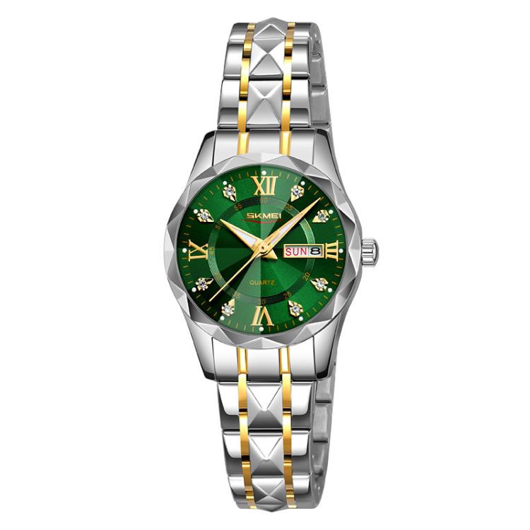 SKMEI Business Casual Watches Diamond Case Luminous Waterproof Quartz Watch, Men Silver Gold Strap Silver Dial, Men Silver Gold Strap Green Dial, Men Silver Gold Strap Black Dial, Men Silver Case Silver Dial, Men Silver Case Gray Dial