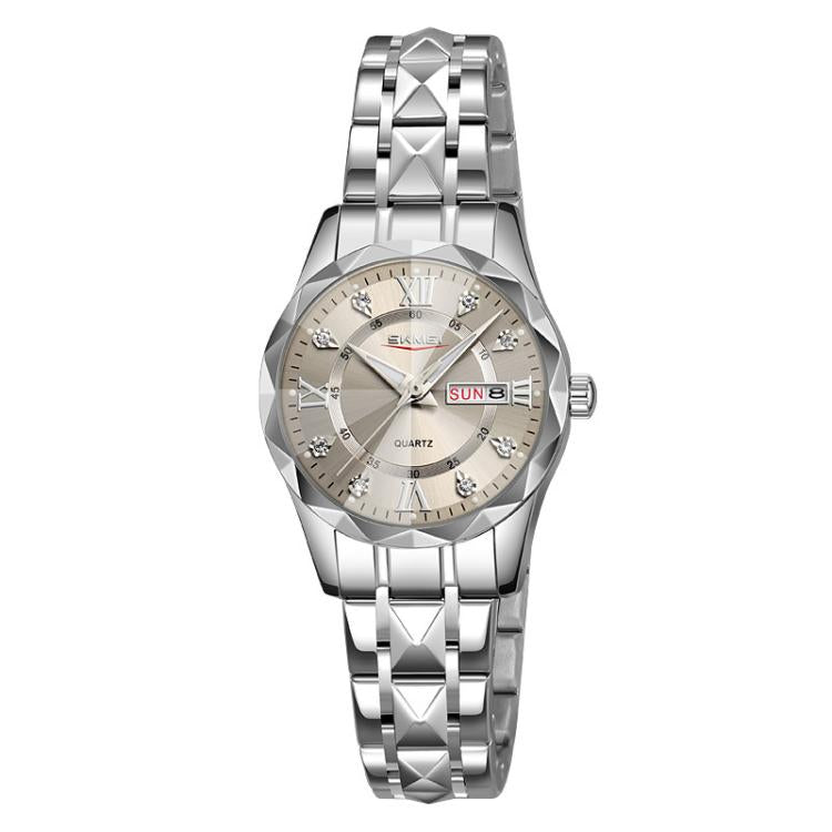 SKMEI Business Casual Watches Diamond Case Luminous Waterproof Quartz Watch, Men Silver Gold Strap Silver Dial, Men Silver Gold Strap Green Dial, Men Silver Gold Strap Black Dial, Men Silver Case Silver Dial, Men Silver Case Gray Dial