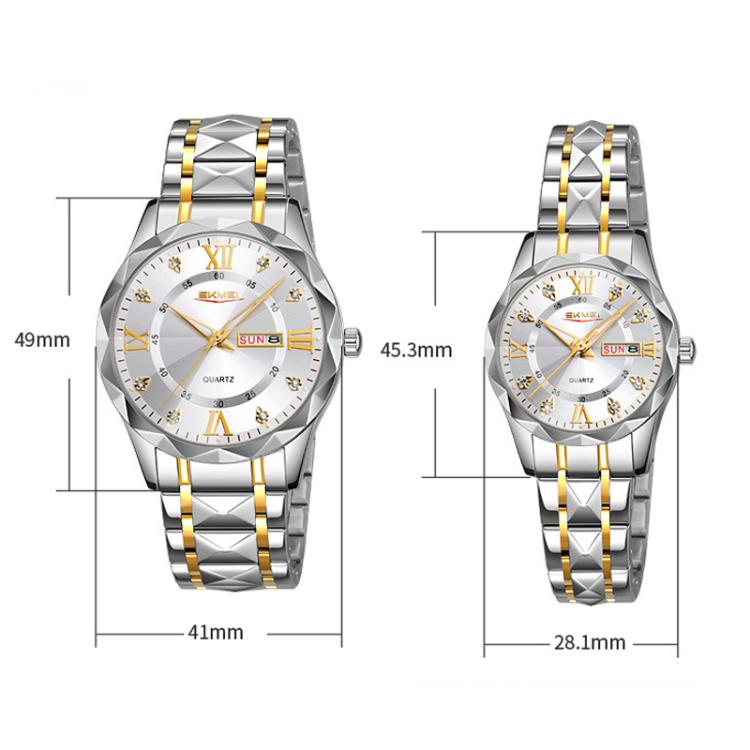 SKMEI Business Casual Watches Diamond Case Luminous Waterproof Quartz Watch, Men Silver Gold Strap Silver Dial, Men Silver Gold Strap Green Dial, Men Silver Gold Strap Black Dial, Men Silver Case Silver Dial, Men Silver Case Gray Dial
