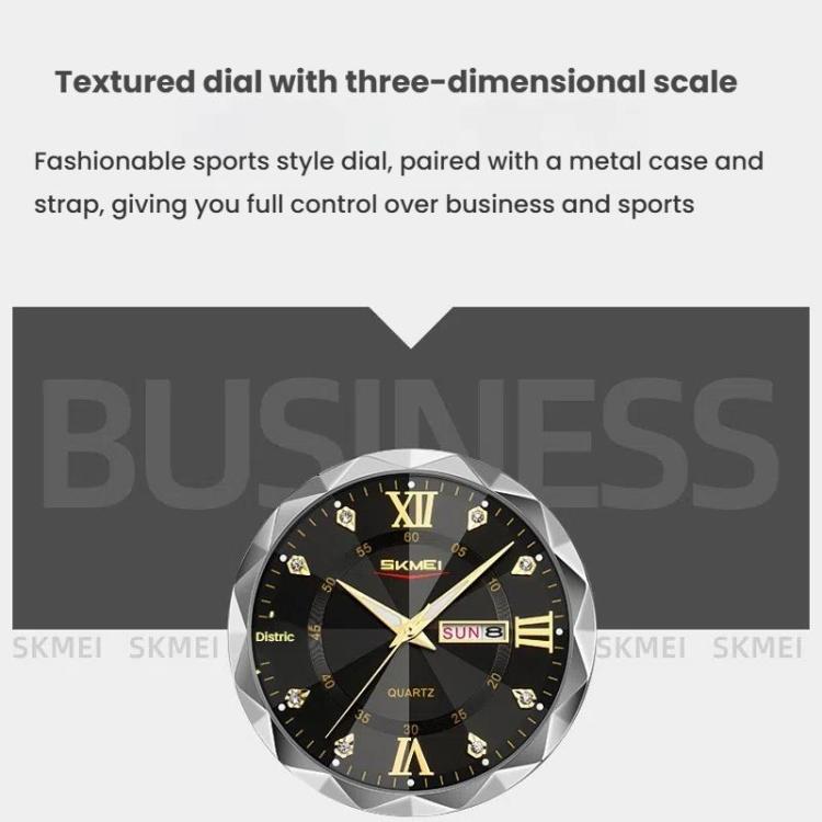 SKMEI Business Casual Watches Diamond Case Luminous Waterproof Quartz Watch, Men Silver Gold Strap Silver Dial, Men Silver Gold Strap Green Dial, Men Silver Gold Strap Black Dial, Men Silver Case Silver Dial, Men Silver Case Gray Dial