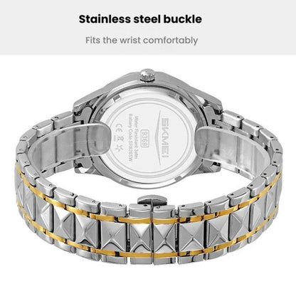 SKMEI Business Casual Watches Diamond Case Luminous Waterproof Quartz Watch, Men Silver Gold Strap Silver Dial, Men Silver Gold Strap Green Dial, Men Silver Gold Strap Black Dial, Men Silver Case Silver Dial, Men Silver Case Gray Dial