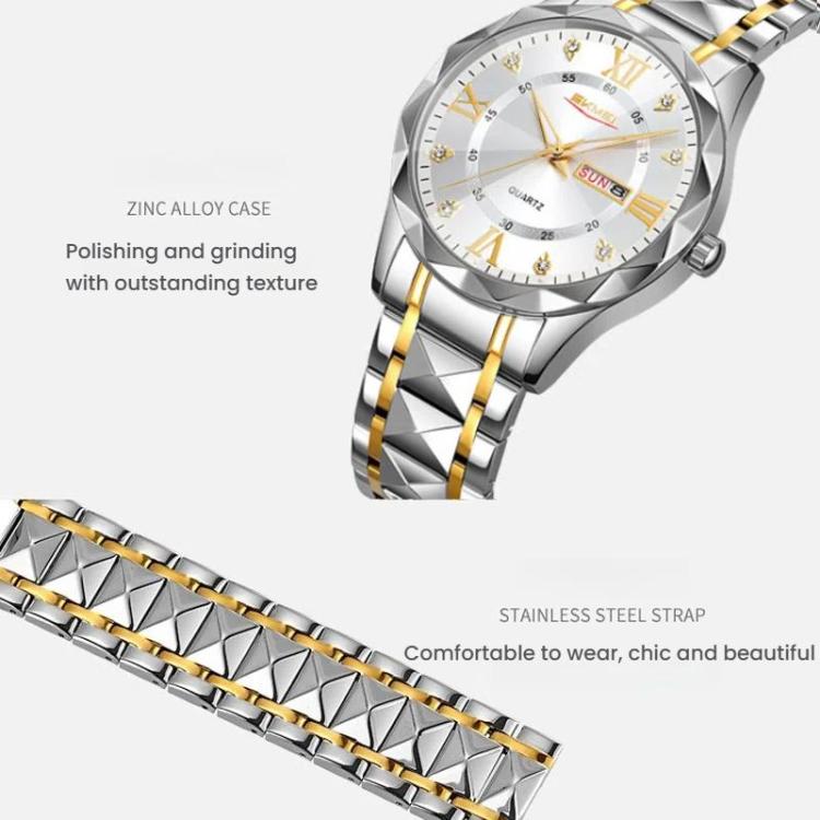 SKMEI Business Casual Watches Diamond Case Luminous Waterproof Quartz Watch, Men Silver Gold Strap Silver Dial, Men Silver Gold Strap Green Dial, Men Silver Gold Strap Black Dial, Men Silver Case Silver Dial, Men Silver Case Gray Dial