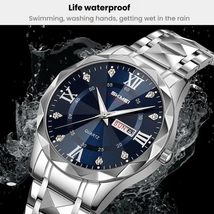 SKMEI Business Casual Watches Diamond Case Luminous Waterproof Quartz Watch, Men Silver Gold Strap Silver Dial, Men Silver Gold Strap Green Dial, Men Silver Gold Strap Black Dial, Men Silver Case Silver Dial, Men Silver Case Gray Dial
