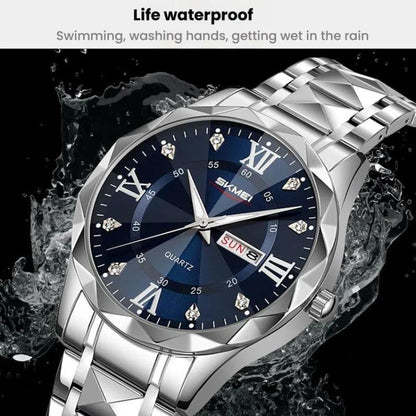 SKMEI Business Casual Watches Diamond Case Luminous Waterproof Quartz Watch, Men Silver Gold Strap Silver Dial, Men Silver Gold Strap Green Dial, Men Silver Gold Strap Black Dial, Men Silver Case Silver Dial, Men Silver Case Gray Dial