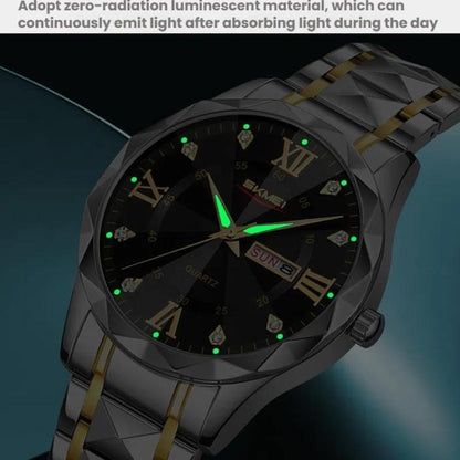 SKMEI Business Casual Watches Diamond Case Luminous Waterproof Quartz Watch, Men Silver Gold Strap Silver Dial, Men Silver Gold Strap Green Dial, Men Silver Gold Strap Black Dial, Men Silver Case Silver Dial, Men Silver Case Gray Dial