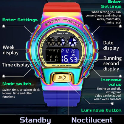 SANDA 2127 Electronic Single Movement Waterproof Sports Watch, Black, Black Silver, Black Blue, Black Gold, Red Black, Colorful Red Blue, Transparent Silver