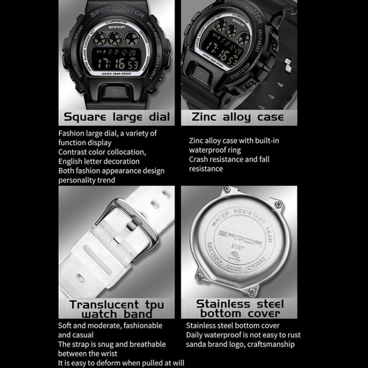 SANDA 2127 Electronic Single Movement Waterproof Sports Watch, Black, Black Silver, Black Blue, Black Gold, Red Black, Colorful Red Blue, Transparent Silver
