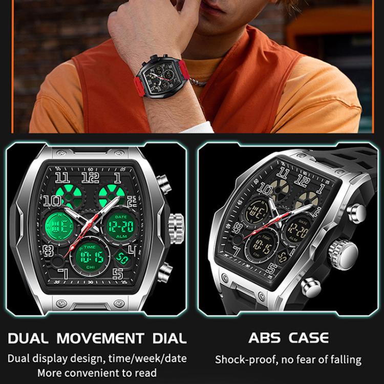 SANDA 6266 Tonneau Curved Mirror Electronic Watch Alarm Clock Chronograph Waterproof Sports Watch, Black, Black Rose Gold, Black Silver, Black Red, Black Orange, Blue Silver, Blue Rose Gold, White