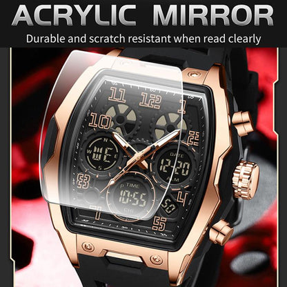 SANDA 6266 Tonneau Curved Mirror Electronic Watch Alarm Clock Chronograph Waterproof Sports Watch, Black, Black Rose Gold, Black Silver, Black Red, Black Orange, Blue Silver, Blue Rose Gold, White