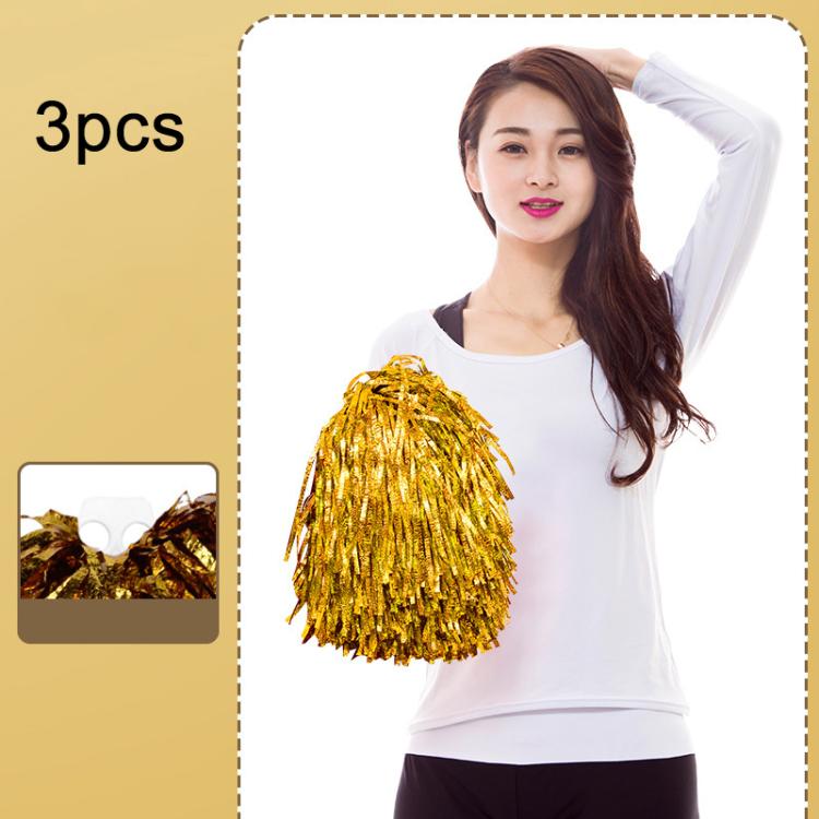 3pcs Shining Metallic Foil Cheerleader Pompoms With Finger Ring Cheerleading Hand Shake Flower Ball For Dance Performance, Medium Gold, Medium Silver, Medium Green, Large Gold, Large Silver, Large Green, Medium Embossed Colorful Clouds