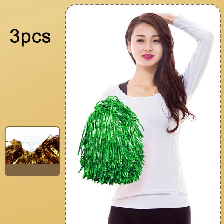 3pcs Shining Metallic Foil Cheerleader Pompoms With Finger Ring Cheerleading Hand Shake Flower Ball For Dance Performance, Medium Gold, Medium Silver, Medium Green, Large Gold, Large Silver, Large Green, Medium Embossed Colorful Clouds