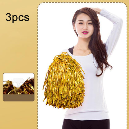 3pcs Shining Metallic Foil Cheerleader Pompoms With Finger Ring Cheerleading Hand Shake Flower Ball For Dance Performance, Medium Gold, Medium Silver, Medium Green, Large Gold, Large Silver, Large Green, Medium Embossed Colorful Clouds