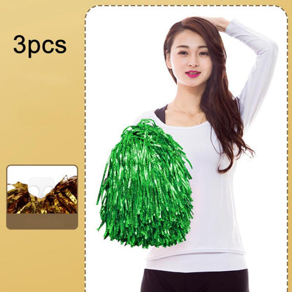 3pcs Shining Metallic Foil Cheerleader Pompoms With Finger Ring Cheerleading Hand Shake Flower Ball For Dance Performance, Medium Gold, Medium Silver, Medium Green, Large Gold, Large Silver, Large Green, Medium Embossed Colorful Clouds