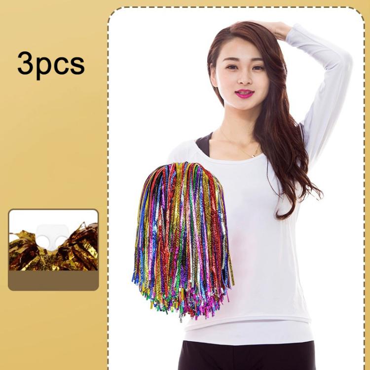 3pcs Shining Metallic Foil Cheerleader Pompoms With Finger Ring Cheerleading Hand Shake Flower Ball For Dance Performance, Medium Gold, Medium Silver, Medium Green, Large Gold, Large Silver, Large Green, Medium Embossed Colorful Clouds