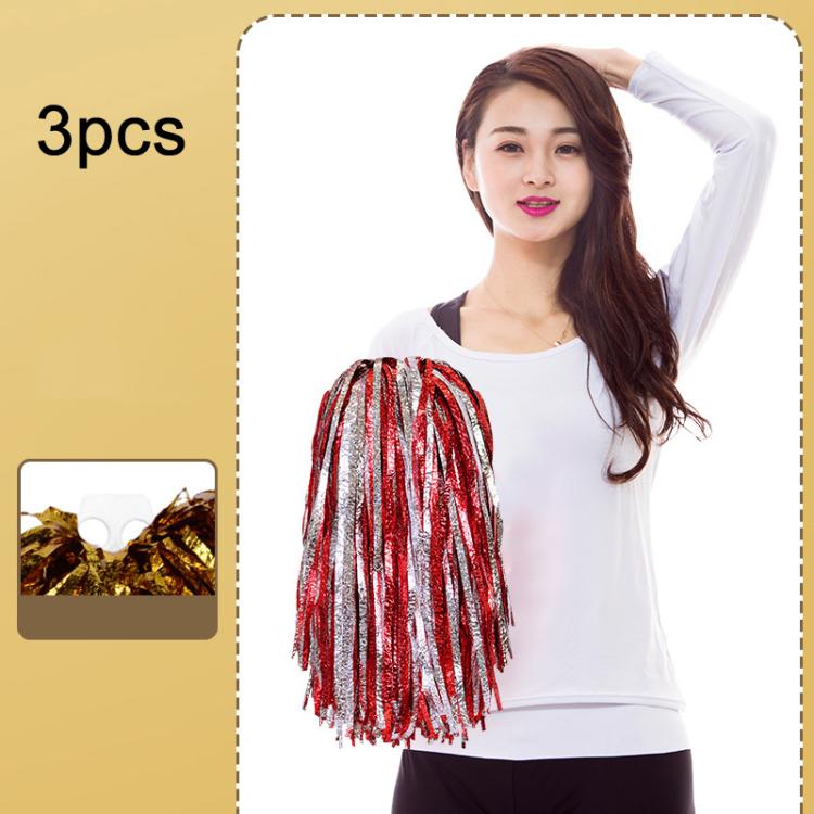 3pcs Shining Metallic Foil Cheerleader Pompoms With Finger Ring Cheerleading Hand Shake Flower Ball For Dance Performance, Medium Gold, Medium Silver, Medium Green, Large Gold, Large Silver, Large Green, Medium Embossed Colorful Clouds