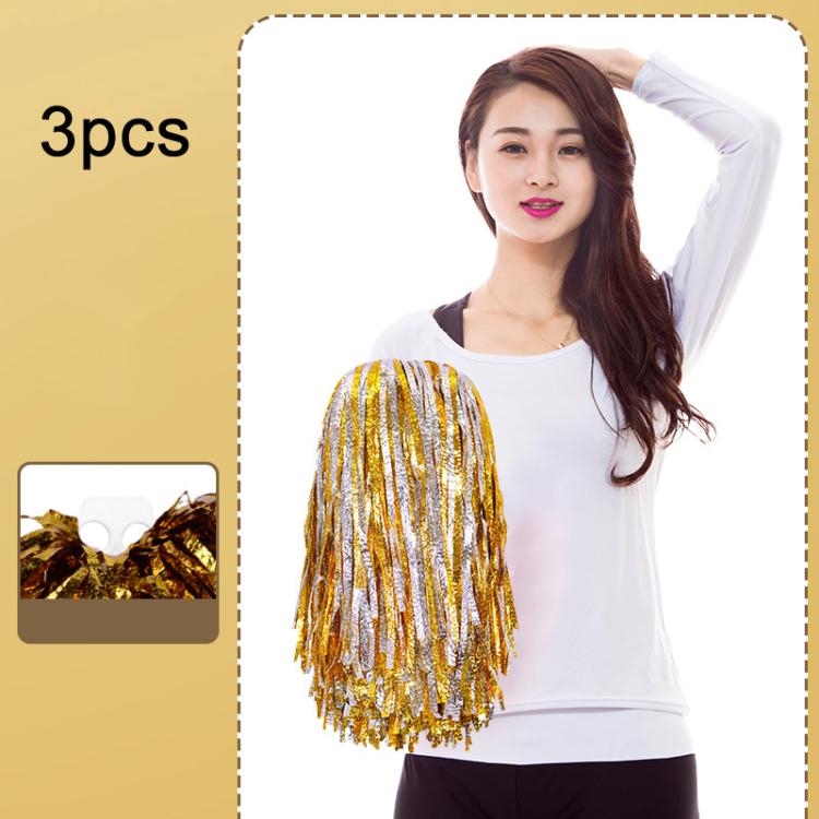 3pcs Shining Metallic Foil Cheerleader Pompoms With Finger Ring Cheerleading Hand Shake Flower Ball For Dance Performance, Medium Gold, Medium Silver, Medium Green, Large Gold, Large Silver, Large Green, Medium Embossed Colorful Clouds