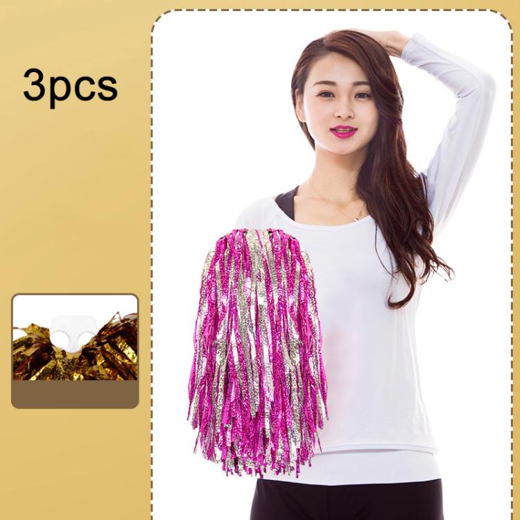 3pcs Shining Metallic Foil Cheerleader Pompoms With Finger Ring Cheerleading Hand Shake Flower Ball For Dance Performance, Medium Gold, Medium Silver, Medium Green, Large Gold, Large Silver, Large Green, Medium Embossed Colorful Clouds