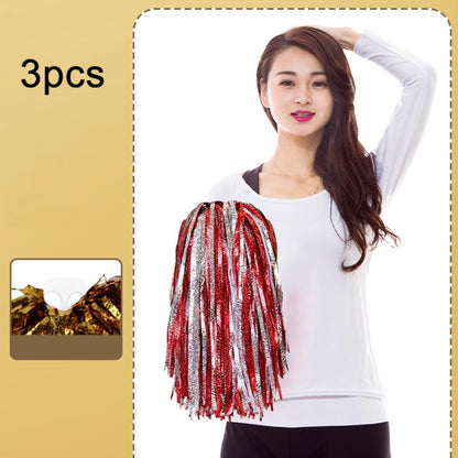 3pcs Shining Metallic Foil Cheerleader Pompoms With Finger Ring Cheerleading Hand Shake Flower Ball For Dance Performance, Medium Gold, Medium Silver, Medium Green, Large Gold, Large Silver, Large Green, Medium Embossed Colorful Clouds