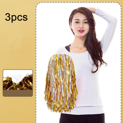 3pcs Shining Metallic Foil Cheerleader Pompoms With Finger Ring Cheerleading Hand Shake Flower Ball For Dance Performance, Medium Gold, Medium Silver, Medium Green, Large Gold, Large Silver, Large Green, Medium Embossed Colorful Clouds