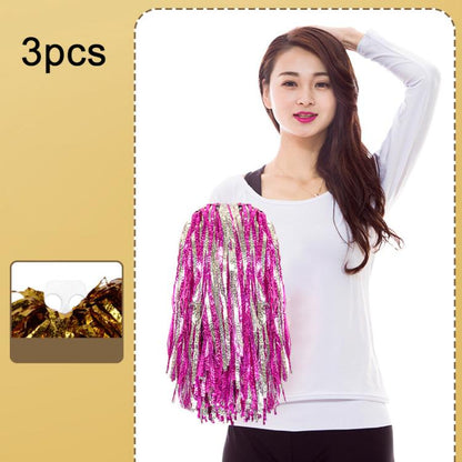 3pcs Shining Metallic Foil Cheerleader Pompoms With Finger Ring Cheerleading Hand Shake Flower Ball For Dance Performance, Medium Gold, Medium Silver, Medium Green, Large Gold, Large Silver, Large Green, Medium Embossed Colorful Clouds