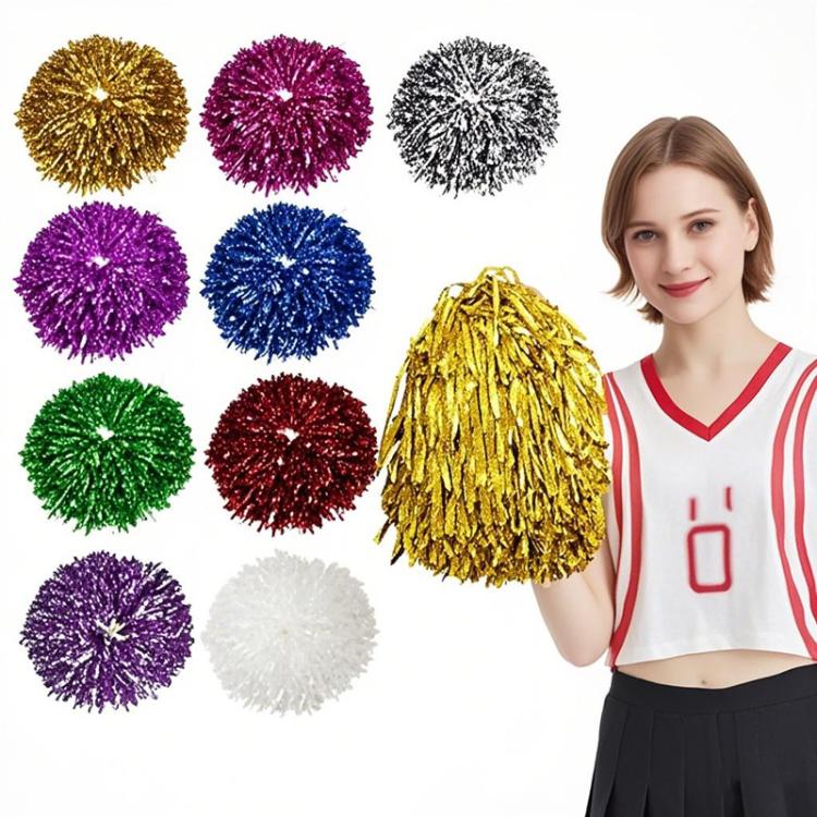 3pcs Shining Metallic Foil Cheerleader Pompoms With Finger Ring Cheerleading Hand Shake Flower Ball For Dance Performance, Medium Gold, Medium Silver, Medium Green, Large Gold, Large Silver, Large Green, Medium Embossed Colorful Clouds