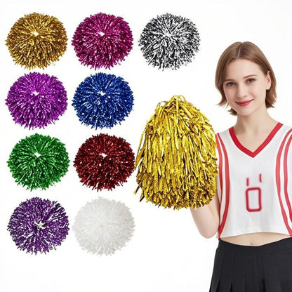 3pcs Shining Metallic Foil Cheerleader Pompoms With Finger Ring Cheerleading Hand Shake Flower Ball For Dance Performance, Medium Gold, Medium Silver, Medium Green, Large Gold, Large Silver, Large Green, Medium Embossed Colorful Clouds