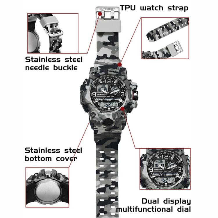 SANDA 3359 Outdoor Sports Watch Waterproof Camouflage Electronic Watch, Black, Black White, Gray Black, Gray White, Green Black, Green White, Yellow Black, Yellow White