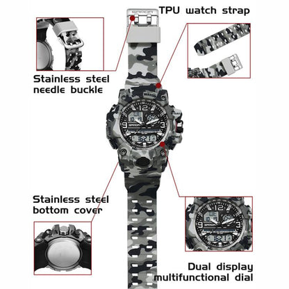 SANDA 3359 Outdoor Sports Watch Waterproof Camouflage Electronic Watch, Black, Black White, Gray Black, Gray White, Green Black, Green White, Yellow Black, Yellow White