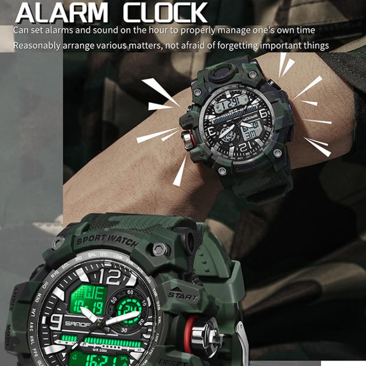 SANDA 3359 Outdoor Sports Watch Waterproof Camouflage Electronic Watch, Black, Black White, Gray Black, Gray White, Green Black, Green White, Yellow Black, Yellow White
