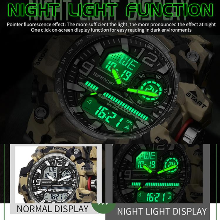 SANDA 3359 Outdoor Sports Watch Waterproof Camouflage Electronic Watch, Black, Black White, Gray Black, Gray White, Green Black, Green White, Yellow Black, Yellow White