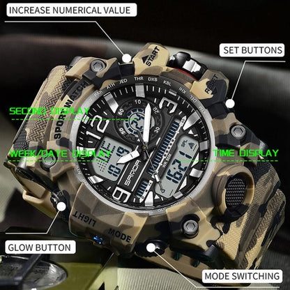 SANDA 3359 Outdoor Sports Watch Waterproof Camouflage Electronic Watch, Black, Black White, Gray Black, Gray White, Green Black, Green White, Yellow Black, Yellow White