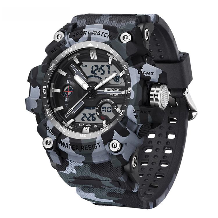 SANDA 3355 Camouflage Multifunction Watch Alarm Clock Waterproof Electronic Watch, Black, Black White, Green Black, Green White, Gray Black, Gray White, Yellow Black, Yellow White