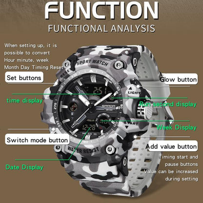 SANDA 3355 Camouflage Multifunction Watch Alarm Clock Waterproof Electronic Watch, Black, Black White, Green Black, Green White, Gray Black, Gray White, Yellow Black, Yellow White