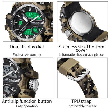 SANDA 3355 Camouflage Multifunction Watch Alarm Clock Waterproof Electronic Watch, Black, Black White, Green Black, Green White, Gray Black, Gray White, Yellow Black, Yellow White
