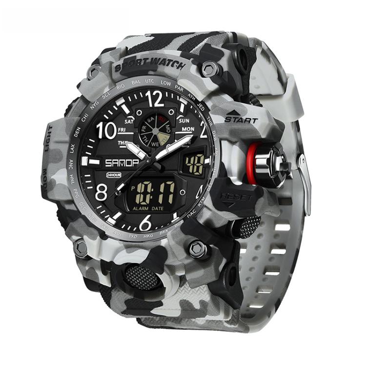 SANDA 3358 Camouflage Series Men Watch Alarm Clock Waterproof Electronic Watch, Black, Black White, Gray Black, Gray White, Green Black, Green White, Yellow Black, Yellow White