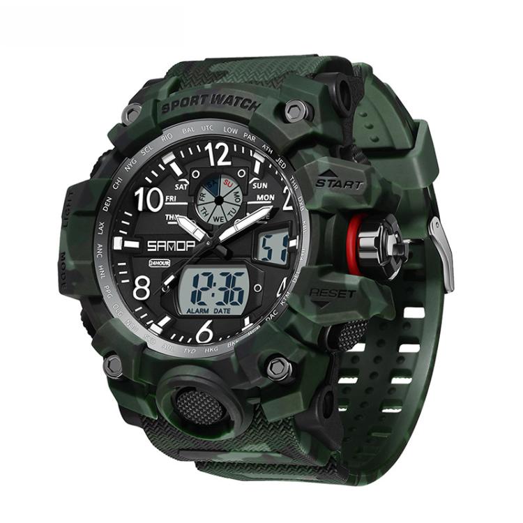SANDA 3358 Camouflage Series Men Watch Alarm Clock Waterproof Electronic Watch, Black, Black White, Gray Black, Gray White, Green Black, Green White, Yellow Black, Yellow White
