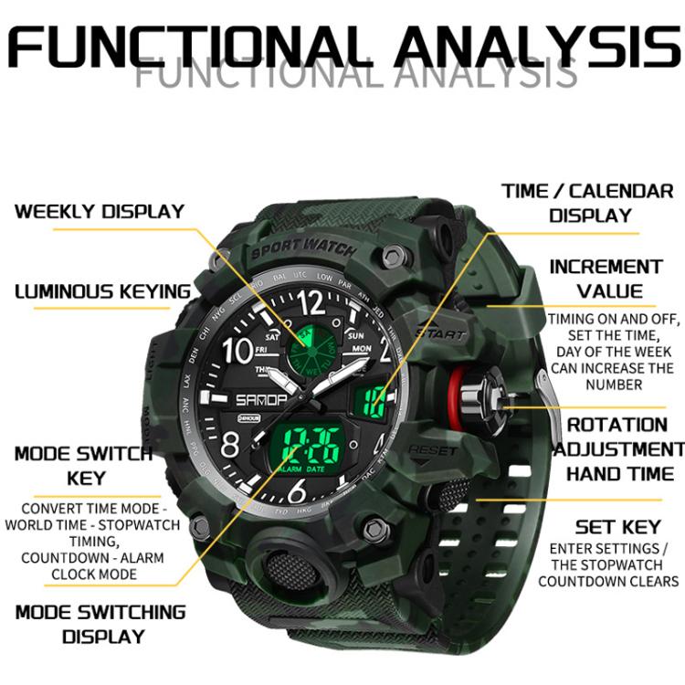 SANDA 3358 Camouflage Series Men Watch Alarm Clock Waterproof Electronic Watch, Black, Black White, Gray Black, Gray White, Green Black, Green White, Yellow Black, Yellow White