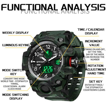 SANDA 3358 Camouflage Series Men Watch Alarm Clock Waterproof Electronic Watch, Black, Black White, Gray Black, Gray White, Green Black, Green White, Yellow Black, Yellow White