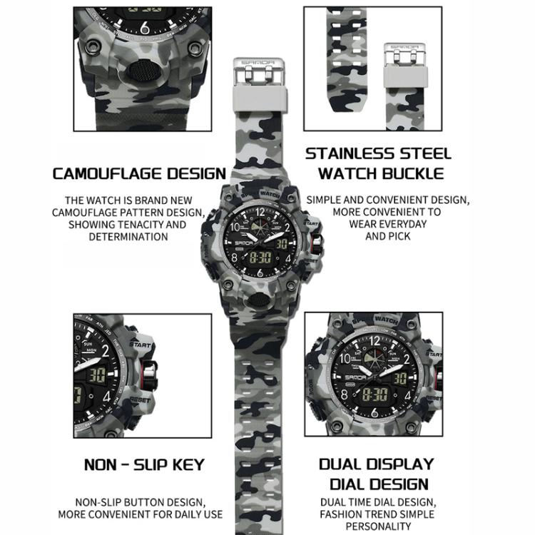 SANDA 3358 Camouflage Series Men Watch Alarm Clock Waterproof Electronic Watch, Black, Black White, Gray Black, Gray White, Green Black, Green White, Yellow Black, Yellow White