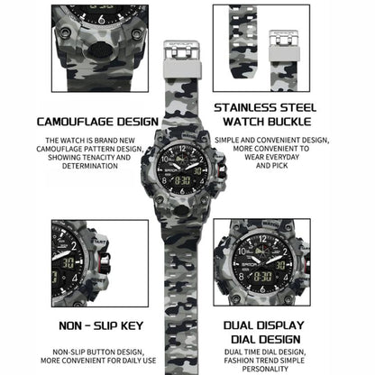 SANDA 3358 Camouflage Series Men Watch Alarm Clock Waterproof Electronic Watch, Black, Black White, Gray Black, Gray White, Green Black, Green White, Yellow Black, Yellow White