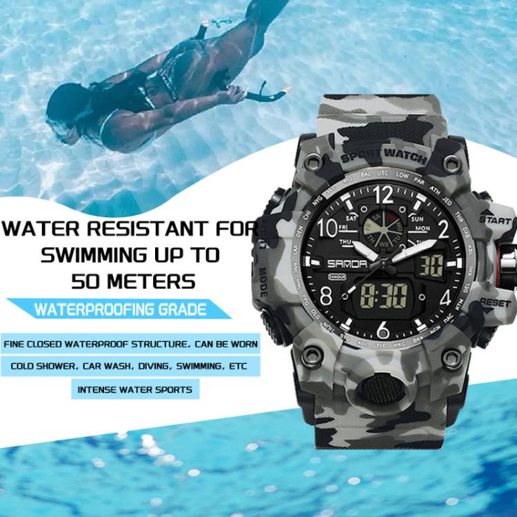 SANDA 3358 Camouflage Series Men Watch Alarm Clock Waterproof Electronic Watch, Black, Black White, Gray Black, Gray White, Green Black, Green White, Yellow Black, Yellow White