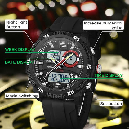 SANDA 3372 Dual Display Chronograph Alarm Clock Electronic Watch Outdoor Waterproof Luminous Sports Watch, Black, Black White, Army Green, Black Blue, Red, Orange
