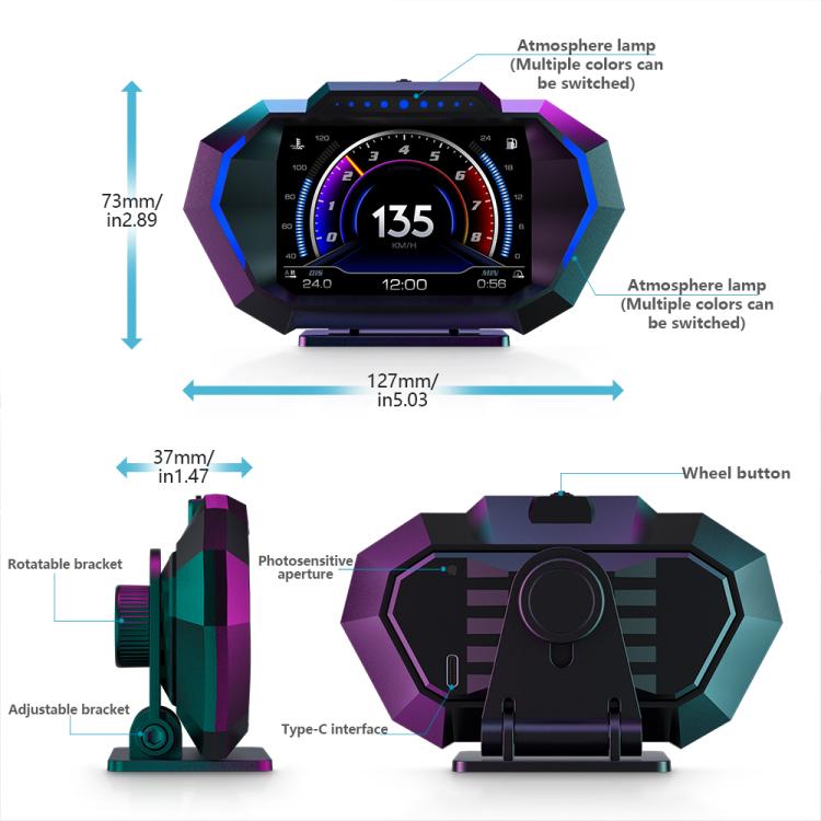 P24 Multifunctional Car HUD Head-up Display OBD+GPS Digital Speedometer Slope Meter, P24