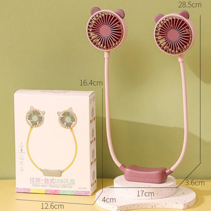 Outdoor Folding Mini Neck Fan Portable USB Rechargeable Summer Gift Fan, Bear Green, Bear Pink Purple, Bear Gray White