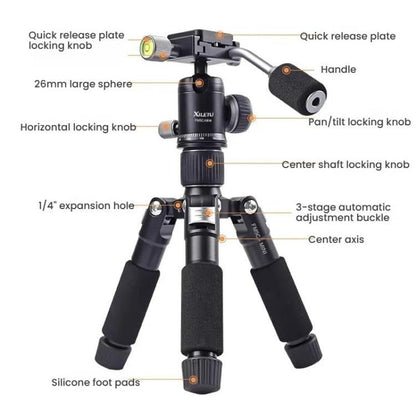 XILETU FM5C-MINI Adjustable 16.5-51cm Aluminum Tripod with 26mm Ball Head 6kg Load Capacity for 360-degree Panoramic Shooting, FM5C-MINI