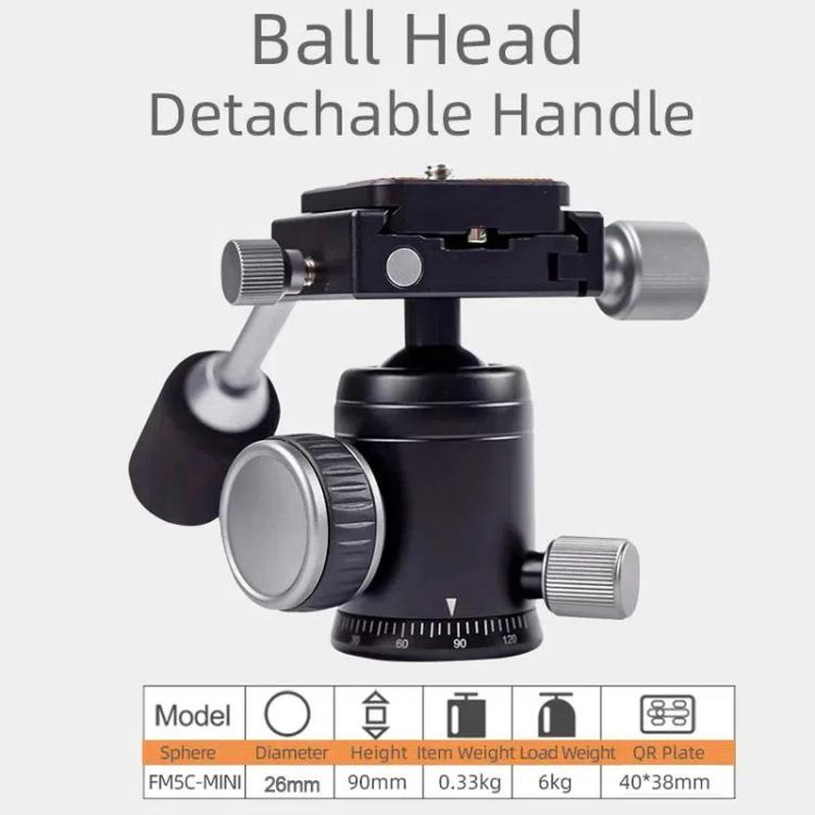 XILETU FM5C-MINI Adjustable 16.5-51cm Aluminum Tripod with 26mm Ball Head 6kg Load Capacity for 360-degree Panoramic Shooting, FM5C-MINI