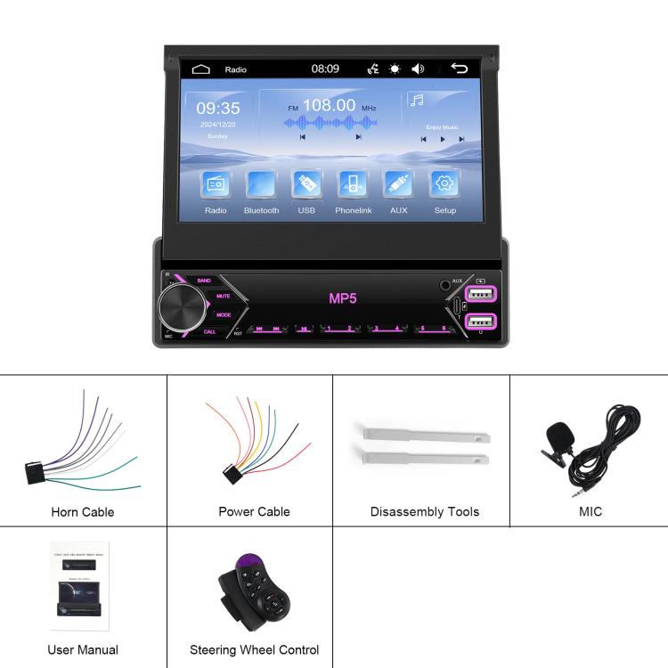 7 inch Universal Manual Retractable Screen Car MP5 Player Car Center Control All-in-One Wired Carplay, Standard, Standard+12 Light Camera