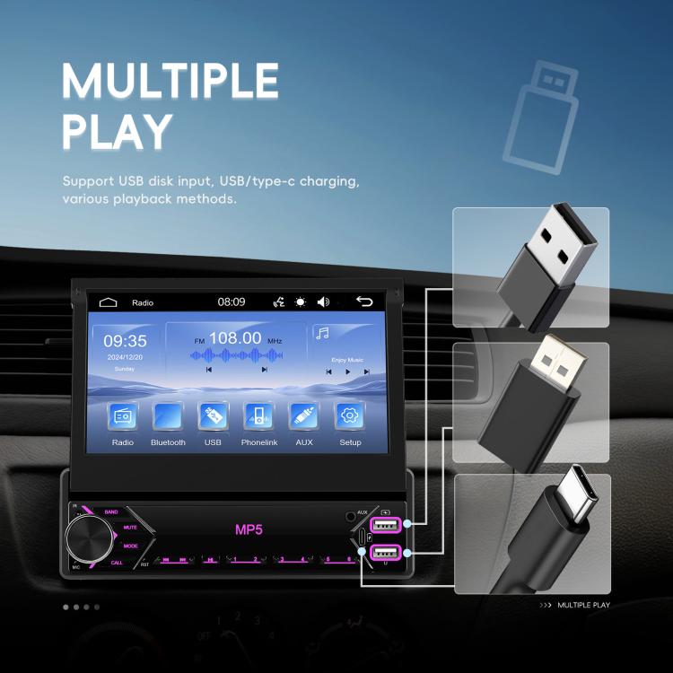 7 inch Universal Manual Retractable Screen Car MP5 Player Car Center Control All-in-One Wired Carplay, Standard, Standard+12 Light Camera